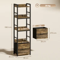 HOMCOM 4-Tier Bookcase, Slim Storage Shelf with Drawer, 8 Hooks, , 39 x 26 x 136.5 cm, Rustic Brown(m-3)