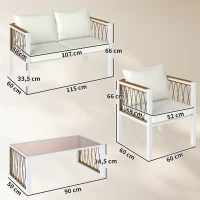 Outsunny Set mobilier grădină 4 piese Polyrattan lounge cu canapea 2 locuri, 2 fotolii, masă cu sticlă, perne detașabile, saltea antiderapantă(m-3)
