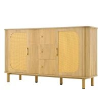 Buffet avec portes en rotin, design arrondi, 140x40x80 cm, Couleur naturelle(m-2)