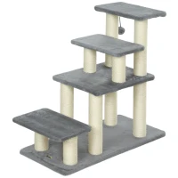 PawHut Escalera para Mascotas Ajustable de 3/4 Peldaños Escalera para Gatos con Postes Rascadores Bola Colgante Gris(m-11)