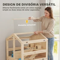 PawHut Gaiola para Hamster de Madeira de 3 Níveis com Bebedouros Casotas Baloiços Bandeja Amovível e Tampas Rebatíveis Natural(m-6)