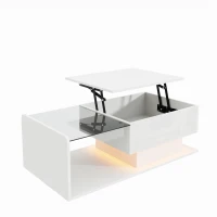 Tavolino da salotto regolabile in altezza, con piano in vetro e striscia LED, 100x50x33-47.5 cm, Bianco(m-2)