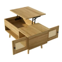 Table basse avec plateau relevable et portes en rotin, rangement pratique, 103x50x46 cm, Couleur naturelle(m-7)