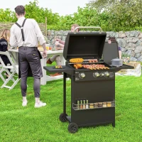 Outsunny Barbecue gaz 3+1 brûleurs en acier, puissance 9,5 kW, barbecue de jardin 2 grilles étagères latérales, 2 roues, noir(m-10)