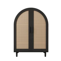 Mobile per scarpe con esterno arrotondato, ante traforate in rattan e 3 ripiani, 70x40x100 cm, Color Legno e Nero(m-2)
