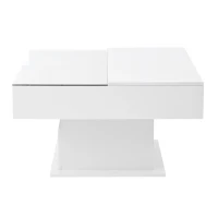 Tavolino da salotto regolabile e lucido con piano rialzabile e illuminazione LED, 78x78x45.5 cm, Bianco(m-9)