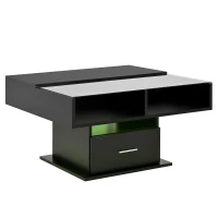 Tavolino da salotto regolabile e lucido con piano rialzabile e illuminazione LED, 78x78x45.5 cm, Nero(m-11)