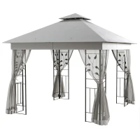 Outsunny Pabellón con doble techo, 3x3 m impermeable, estable, resistente al invierno, pabellón de jardín con mosquitera, Gris claro(m-7)
