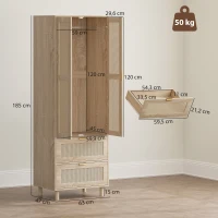HOMCOM Armario dormitorio perchero con 2 puertas de ratán, 2 cajones y barra de colgar, 63 x 47 x 185 cm, madera natural(m-3)