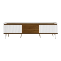 Meuble TV à 3 portes, pieds en bois et rebord surélevé, 160x39x49,5 cm, Couleur naturelle+Blanc