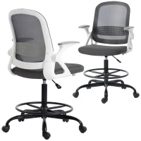 HOMCOM Silla de Escritorio de Malla Silla de Dibujo con Reposabrazos Abatibles Altura Ajustable Reposapiés Gris(m-10)