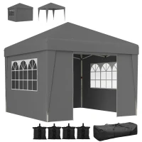 Outsunny Carpa de jardín plegable 3 x 3 x 2,75 m anti-UV 30+ con ventanas + paredes laterales + bolsa de transporte gris oscuro(m-7)