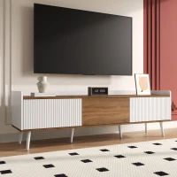 Meuble TV à 3 portes, pieds en bois et rebord surélevé, 160x39x49,5 cm, Couleur naturelle+Blanc(m-1)