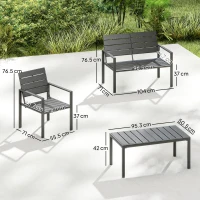 Outsunny 4 Piece Garden Furniture Set, Outdoor Sofa Set with HDPE Slatted Loveseat Armchairs Coffee Table Metal Frame, Dark Grey(m-3)