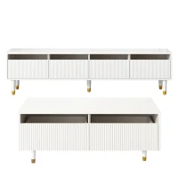 Set 2 mobili contenitore a LED con 4 ante e 2 cassetti, 178x35x45 e 110x50x40 cm, Bianco(m-9)