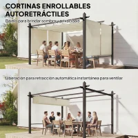 Outsunny Pérgola de Jardín 4x3 m con Cortinas Enrollables Automáticas y Techo Retráctil Cenador de Jardín con UPF50+ Crema(m-4)