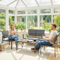 Outsunny 4 Piece Garden Furniture Set, Outdoor Sofa Set with HDPE Slatted Loveseat Armchairs Coffee Table Metal Frame, Dark Grey(m-8)