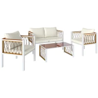 Outsunny Tuinmeubelset 4-delig polyrattan loungeset met tweezitsbank, 2 stoelen, glazen tafel, afneembare kussens en antislipmatten(m-1)