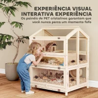 PawHut Gaiola para Hamster de Madeira de 3 Níveis com Bebedouros Casotas Baloiços Bandeja Amovível e Tampas Rebatíveis Natural(m-8)