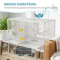 PawHut Gaiola para Pássaros Grande com Divisor Rodas 4 Comedouros 4 Poleiros Prateleira 2 Bandejas Removíveis 95x45,5x102 cm Branco(m-7)