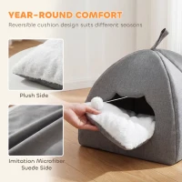 PawHut Cat Cave Bed for Indoor Kittens, Cat House with Removable Cushion and Teaser Ball, Kitty Igloo with Anti-Slip Base, 42 x 42 x 39 cm, Grey(m-4)