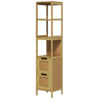 kleankin Armario Alto para Baño con 3 Estantes y 2 Cajones de Bambú Estilo Moderno 30x30x144,3 cm Natural(m-11)
