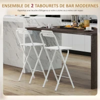 HOMCOM Lot de 2 tabourets de bar pliables avec dossier et repose-pieds, cadre en acier, 87 cm de haut, blanc(m-5)