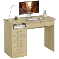 HOMCOM Escritorio moderno con 5 cajones, gran superficie, 1 compartimento abierto, cajón con cerradura, 110 x 50 x 76 cm, roble(m-7)