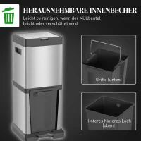 HOMCOM Pedaalemmer 20+14L met deksel, voetpedaal, kantelvak, uitneembare inzetemmers, RVS 32,5 x 31,5 x 78 cm Zilver(m-7)