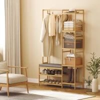HOMCOM Perchero con zapatero, ganchos para ropa, perchero para abrigos, banco con cojín, para pasillo, entrada, madera natural(m-4)