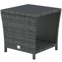 Outsunny Side Table 2-Tier Outdoor Coffee Table with Storage Shelf PS Wood Slat Top/Grey(m-11)