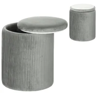 HOMCOM Storage Ottoman Modern Velvet Round Foot Stool for Living Room Bedroom 45 cm Grey(m-10)