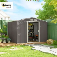 Outsunny 9 x 6FT Outdoor Garden Roofed Metal Storage Shed Tool Box with Foundation Ventilation & Doors Light, Grey(m-10)