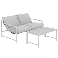 Outsunny Set di 2 Pezzi Salotto da Giardino Esterno, Divano con Cuscini, Tavolino in Vetro Temperato Effetto Marmo 3D, 125x80x64 cm, Grigio Chiaro(m-1)