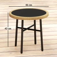 Outsunny Tavolino da giardino rotondo in rattan con piano in vetro, 46x46x43 cm, Naturale(m-3)