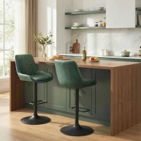 HOMCOM Retro Bar Stools Set of 2, Adjustable Kitchen Stool, Upholstered Bar Chairs with Back, Swivel Seat, Green(m-2)