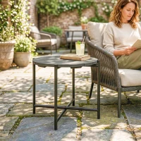 Outsunny 54 cm Round Outdoor Side Table, Industrial Small Garden Table with Slatted Wood Top and Metal Frame, Dark Grey(m-2)