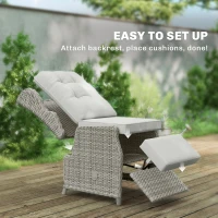 Outsunny Rattan Garden Recliner Chair, Reclining Garden Chair with Adjustable Back and Footrest, Flip Table, Cushion, Light Grey(m-9)
