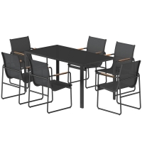 Outsunny Ensemble de Salle à Manger d'Extérieur 7 Pièces pour 6 Personnes, Table en Verre et Chaises avec Accoudoirs Décoratifs, Maille Résistante aux Intempéries, Noir