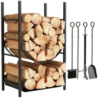 Outsunny Portalegna da Interno ed Esterno Rialzato a 2 Ripiani, Porta Legna da Ardere in Metallo con Supporti Rimovibili, Paletta, Scopa, Attizzatoio e Pinza, Capacità 70 kg, 44.5x29.5x73 cm, Nero(m-11)