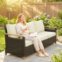 Outsunny Canapé en rotin avec coussins, canapé de jardin 3 places canapé lounge avec cadre en acier pour terrasse jardin 192 x 74 x 79 cm Blanc crème(m-2)