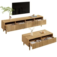 Ensemble de meubles LED moderne, meuble TV avec 4 portes & table basse avec 2 tiroirs, 178x35x45+110x50x40 cm, Couleur naturelle(m-7)
