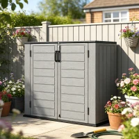 Outsunny Cobertizo de Jardín de HDPE 940L con Tapa Abatible 2 Puertas Cerradura Cobertizo de Jardín 142x67x119 cm Gris Claro(m-9)