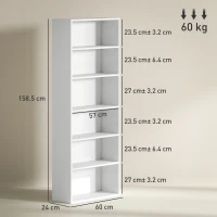 HOMCOM Libreria a 6 ripiani con mensole regolabili, 60x24x158,5 cm, Bianco(m-3)
