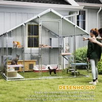 PawHut Gaiola Grande para Gatos Exterior com 2 Casinhas 7 Plataformas para Saltar Cobertura Impermeável e Anti-UV 240x193x195 cm Prata(m-6)