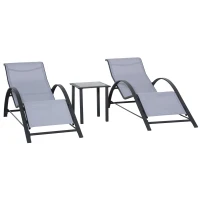 Outsunny Set di 2 Lettini Prendisole e Tavolino con Piano in Vetro, 59x169x66 cm, Grigio Chiaro(m-1)
