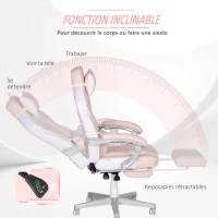HOMCOM Chaise gaming, fauteuil gaming ergonomique avec repose-pieds, hauteur réglable, dossier inclinable, 63x63x123cm, rose(m-5)