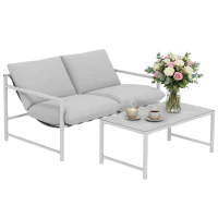 Outsunny Salón de Jardín Exterior 2 Piezas, Sofá con Cojines, Mesa de Centro con Vidrio Templado Efecto Mármol 3D, 125x80x64cm, Gris Claro(m-7)