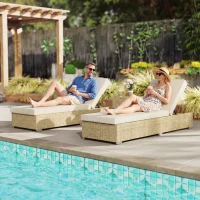 Outsunny Rattan Sun Loungers Set of 2 with Side Table, Garden Recliner Sunbeds with Adjustable Back, Cushions, Beige(m-2)
