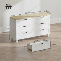 HOMCOM Cajonera 6 Cajones Moderna en Aglomerado, Madera de Pino y MDF, 120x38x71 cm, Blanco y color Madera(m-3)